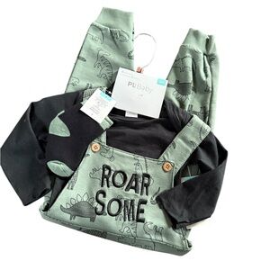 NWTS PL Baby Kids DinosaurOveralls, Teeshirt, socks Set - Navy/Green, Sz 12 mo